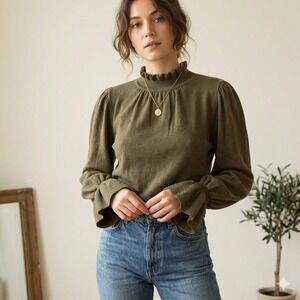 ba&sh Lady Pullover Top Womens 1 Small Olive Green Ruffle Puff Sleeve Romantic